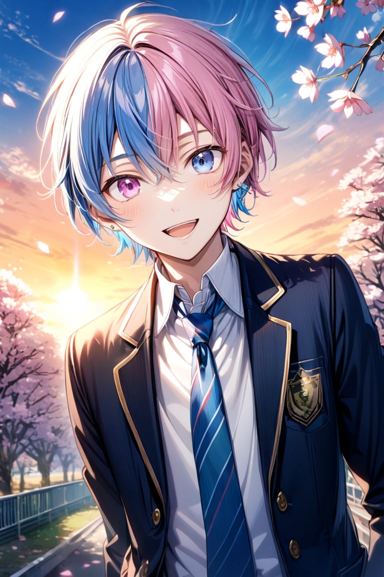 1boy, solo, looking at viewer, smile, short hair, bangs, pink hair, hair between eyes, open mouth, blue eyes, blue hair, male focus,  two-tone hair, pink eyes, heterochromia, portrait, split-color hair, whole body, silver earring, 
wear school uniform, cherry blossoms, school, 
sunset, lens flare, Front-facing,