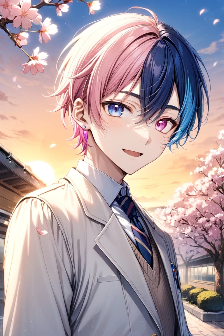 1boy, solo, looking at viewer, smile, short hair, bangs, pink hair, hair between eyes, open mouth, blue eyes, blue hair, male focus,  two-tone hair, pink eyes, heterochromia, portrait, split-color hair, whole body, silver earring,
wear school uniform, cherry blossoms, school, 
sunset,