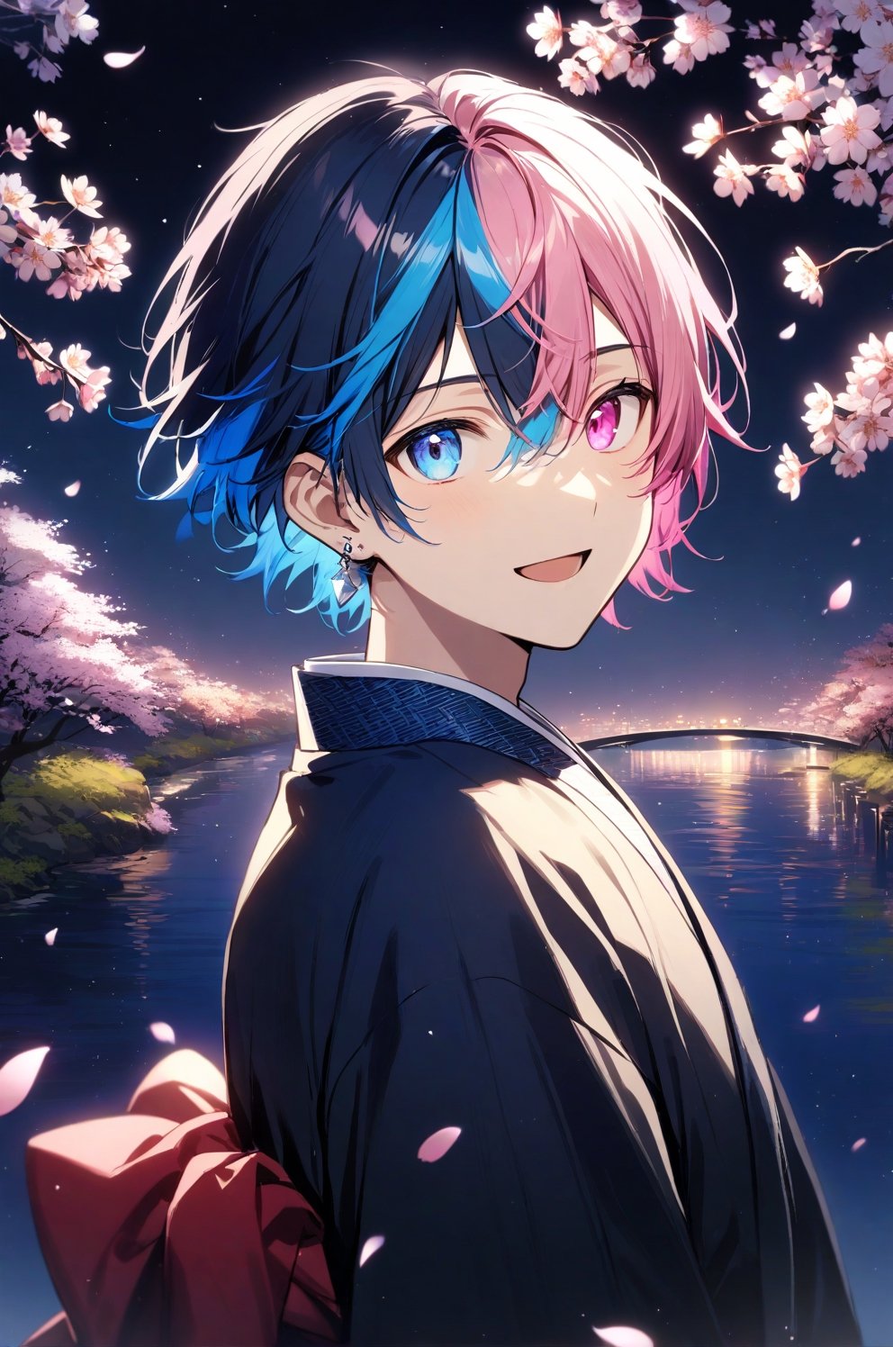 1boy, solo, looking at viewer, smile, short hair, bangs, pink hair, hair between eyes, open mouth, blue eyes, blue hair, male focus,  two-tone hair, pink eyes, heterochromia, portrait, split-color hair, whole body, silver earring, 
wear kimono, midnight, cherry blossoms, river,  lens flare,