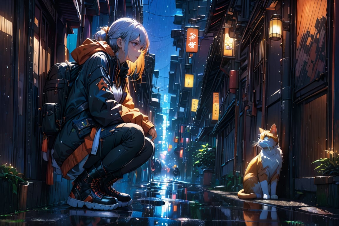 1cat, 1girl, squatting, looking at an orange  cat, white long hair, long sleeves, jacket, male focus, boots, outdoors, shoes, pants, hood, bag, black footwear, from side, hoodie, profile, night, pants, backpack , hood down, plant, building, backlighting, reflection, rain, city, puddle, Fireflies, bokeh light dust, //Quality, core_9, score_8_up, score_7_up, masterpiece, best quality, detailmaster2, 8k, 8k UHD, ultra detailed, ultra-high resolution, ultra-high definition,firefliesfireflies, Rainy Day,nodf_lora,Samurai girl,IncrsNikkeProfile,Zafir,INK art,girl,fantasy00d,blad4,TechStreetwear,scenery