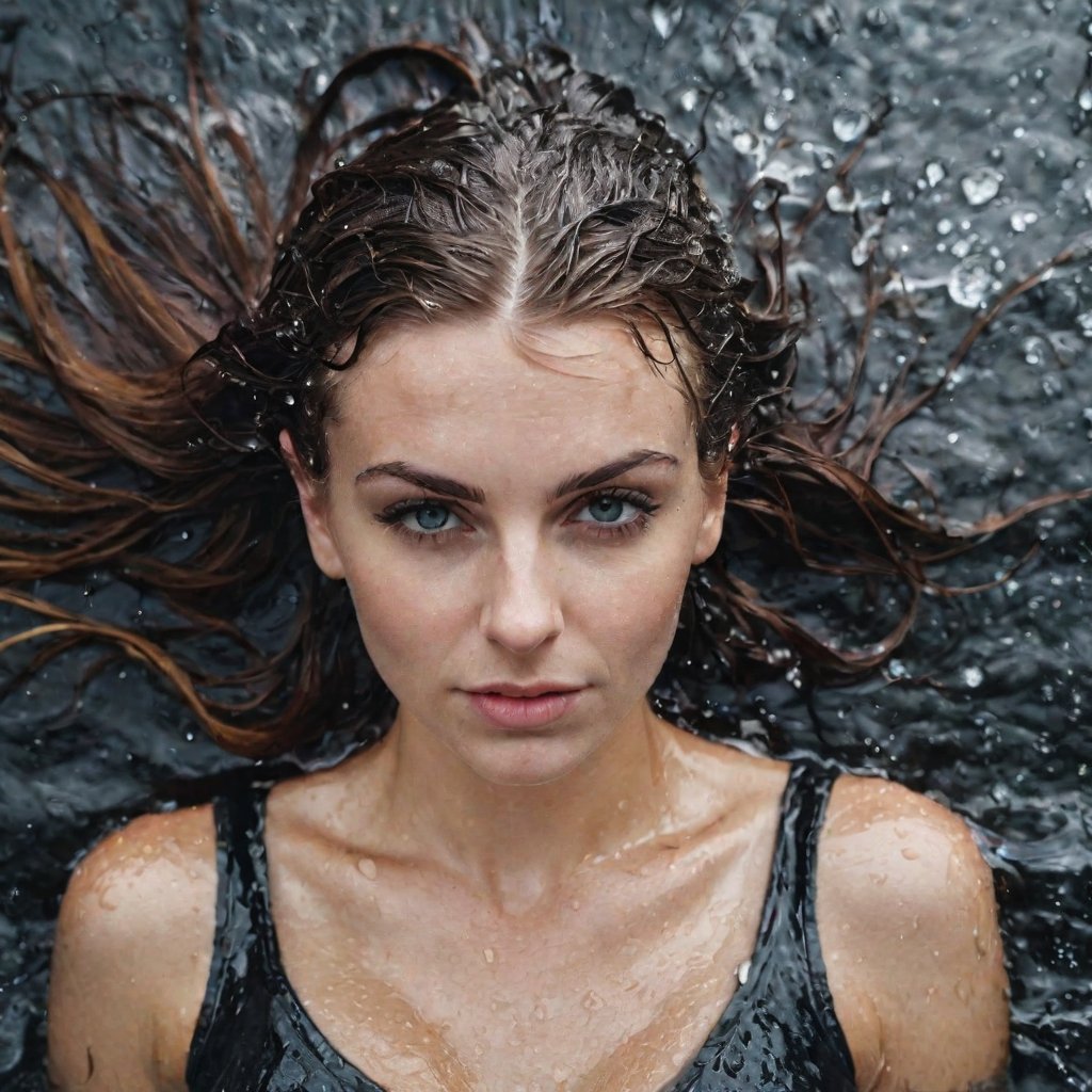 Macro portrait, top-down view, woman aged twenty-five years, tattooed, wet hair, in a waterfall, water, drops, splash