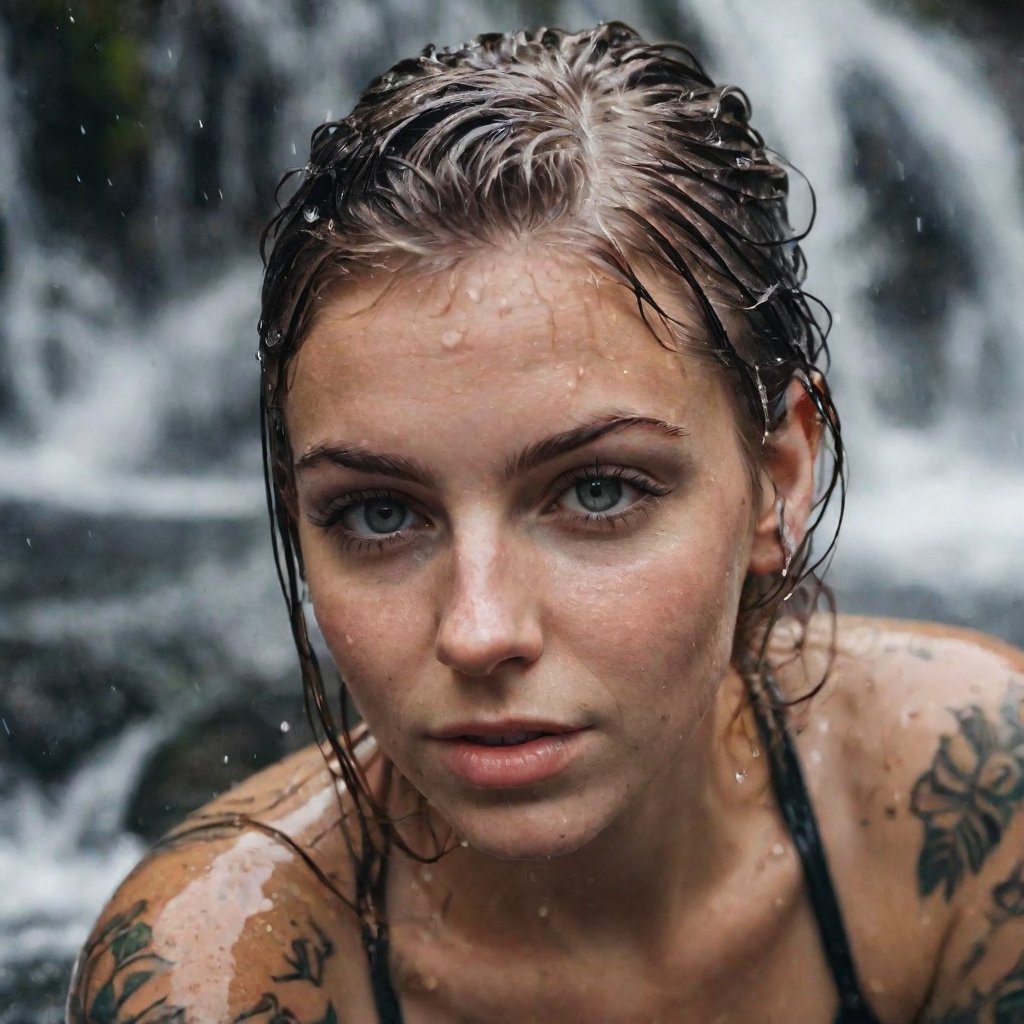 Macro portrait, top-down view, woman aged twenty-five years, tattooed, wet hair, in a waterfall, water, drops, splash