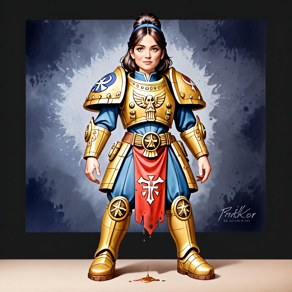 detailed full-length picture, masterpiece, best quality, ultra high resolution, visually stunning, beautiful, award-winning art (abstract art: 1.3), beautiful ))), oil painting ,epic realistic, Warhammer 40000 style A custodes girl in golden armor with dark hair, Watercolor, trending on artstation, sharp focus, studio photo, intricate details, highly detailed, by greg rutkowski, more detail XL, hyper detailed, realistic, oil painting, by julie bell, frank frazetta, cinematic lighting,Expressiveh,concept art