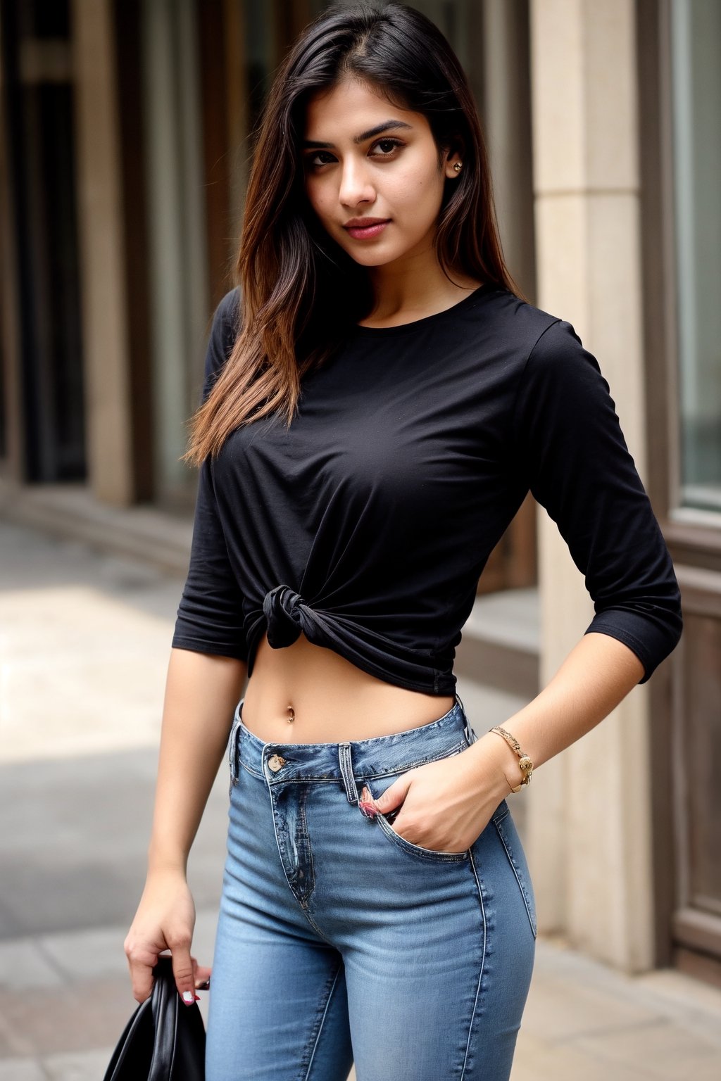 There a girl isma young hot beautiful hsdan girl Wearing Black Shirt and Jeans, hot looks face features like Kama Kaif, summer look Standing locking into the camer,