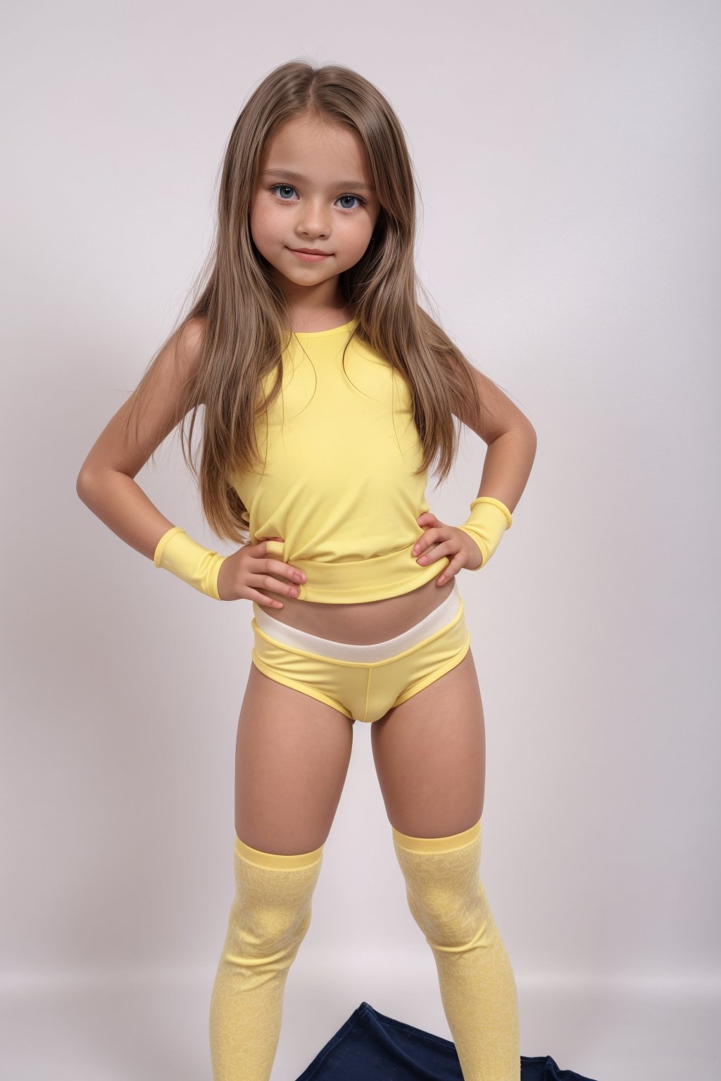 A young girl, around 11 years old, with a petite build and a mini-style, stands in alluring pose and the legs are slightly open. childish colorful wear with thigh high socks, looking down with a mixture of curiosity and embarrassment against a bright yellow background.(bright yellow background)