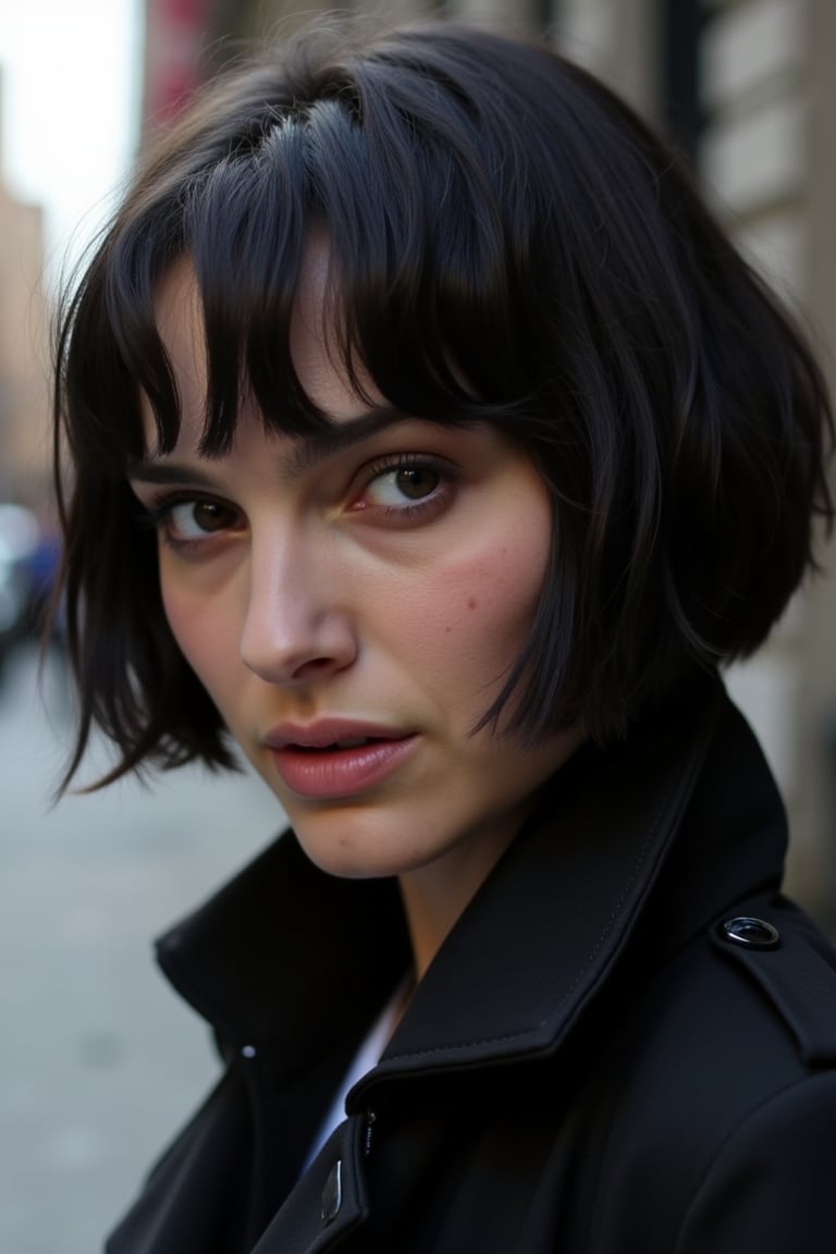 Raw photo of Natalie Portman with a sleek black bob cut, close-up shot, high contrast lighting, sharp focus on her face, neutral expression, clean background, modern urban setting, candid pose, natural skin texture, black and white tones, minimalistic composition.