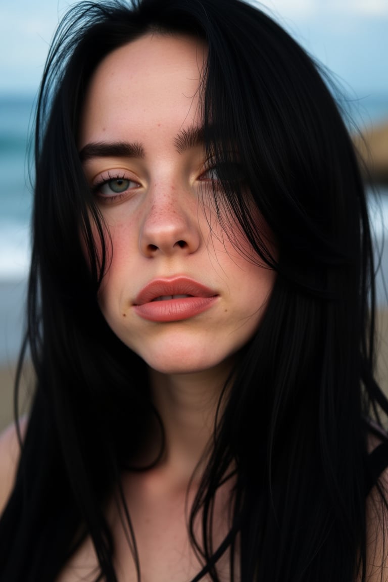 Close-up portrait of Billie Eilish with long black hair, ocean breeze gently flowing through it. Her calm, reflective expression is enhanced by bold black eyeshadow. Softly blurred coastline background with hints of blue waves and sky. Soft, natural lighting emphasizes warmth in her skin tone and hair texture. Image feels refreshing and tranquil.