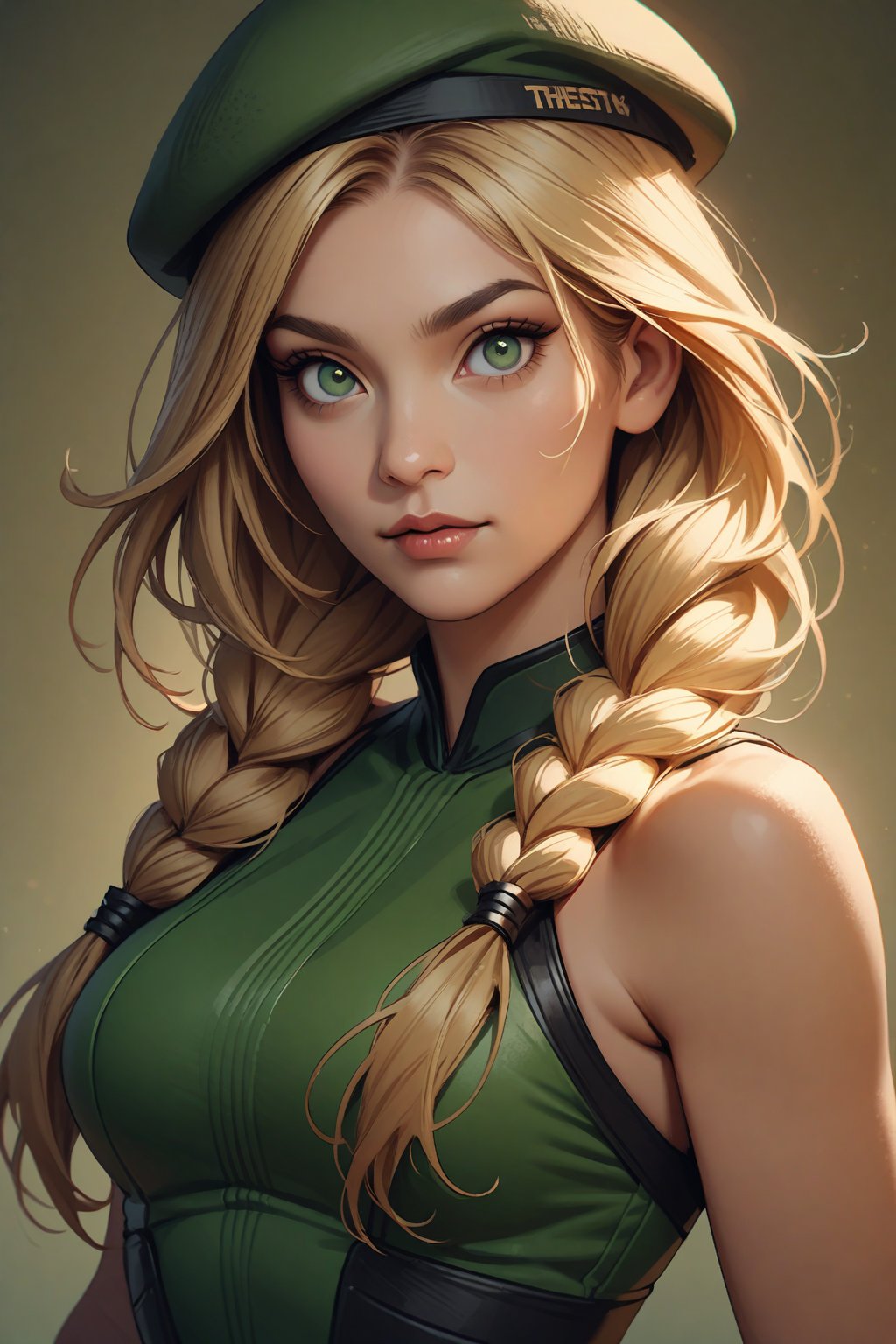 Tru3color46,th3t4styl3,1girl, solo, hat, braid, twin braids, beret, blonde hair, long hair, green eyes, green leotard, lips, nose, leotard, upper body, looking at viewer, bare shoulders, realistic, breasts, hair over shoulder
