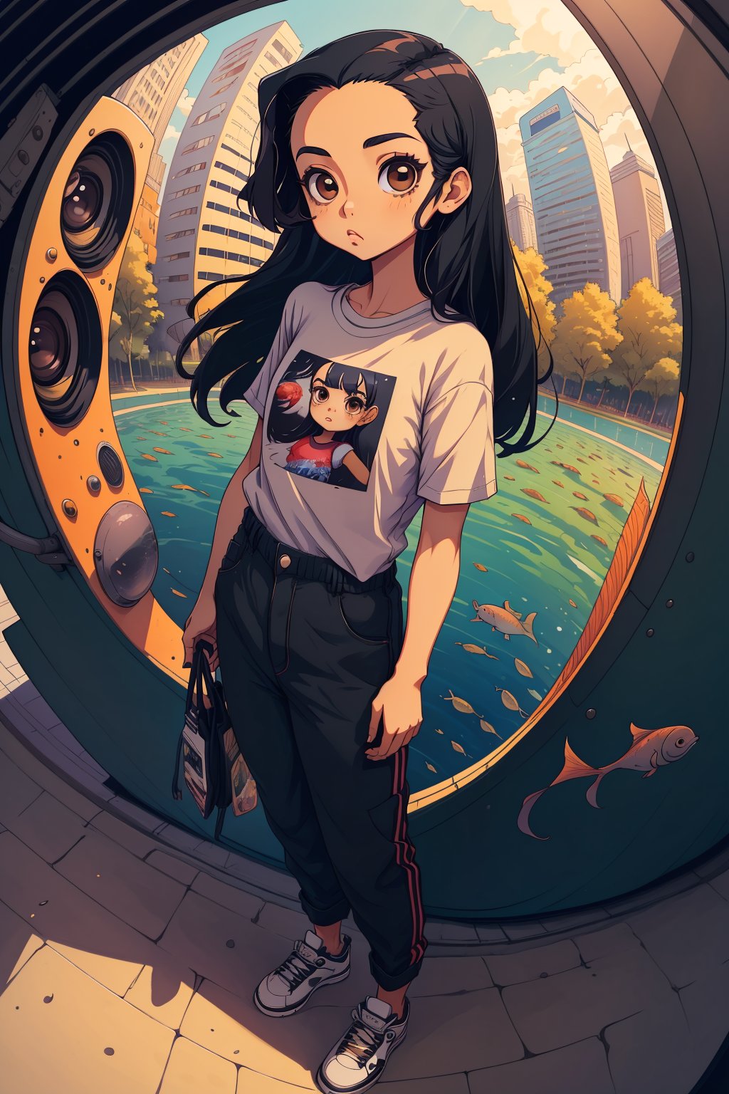 masterpiece, best quality, 1girl, solo, mature female, black hair, long hair, straight hair, forehead, brown eyes, shirt, short sleeve, pants, shoes, standing, outside, (fisheye lens):1.4, girl,tshee00d