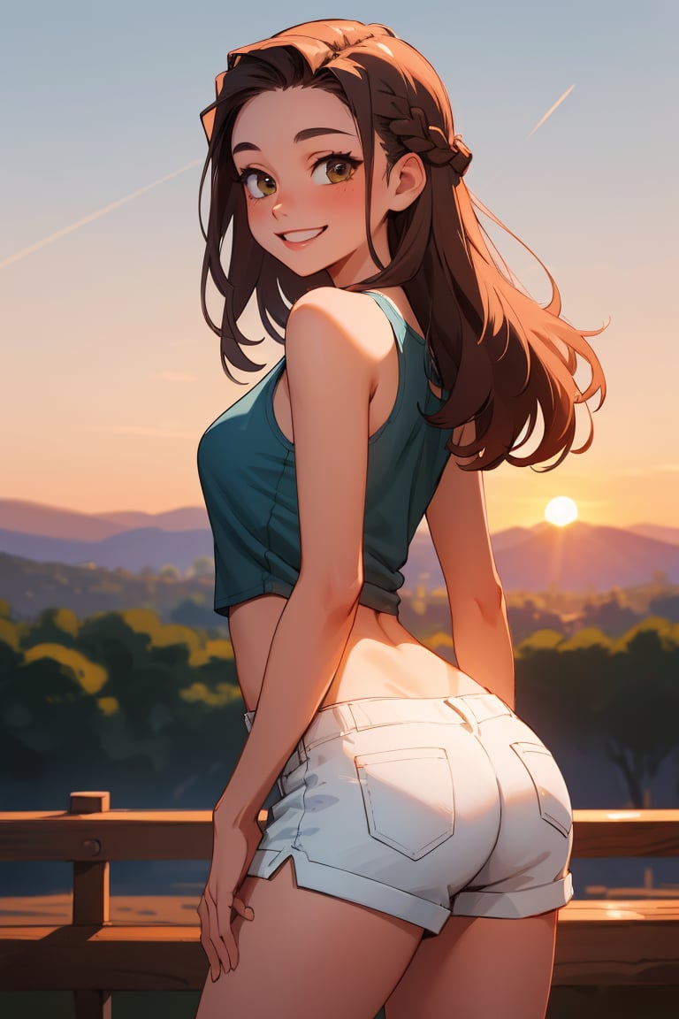 masterpiece, highquality,1girl, beautiful, smile,brunette, braided hair, long hair, 19 years old, white tank top, bootyshorts, hills, cowboy shot, sunset