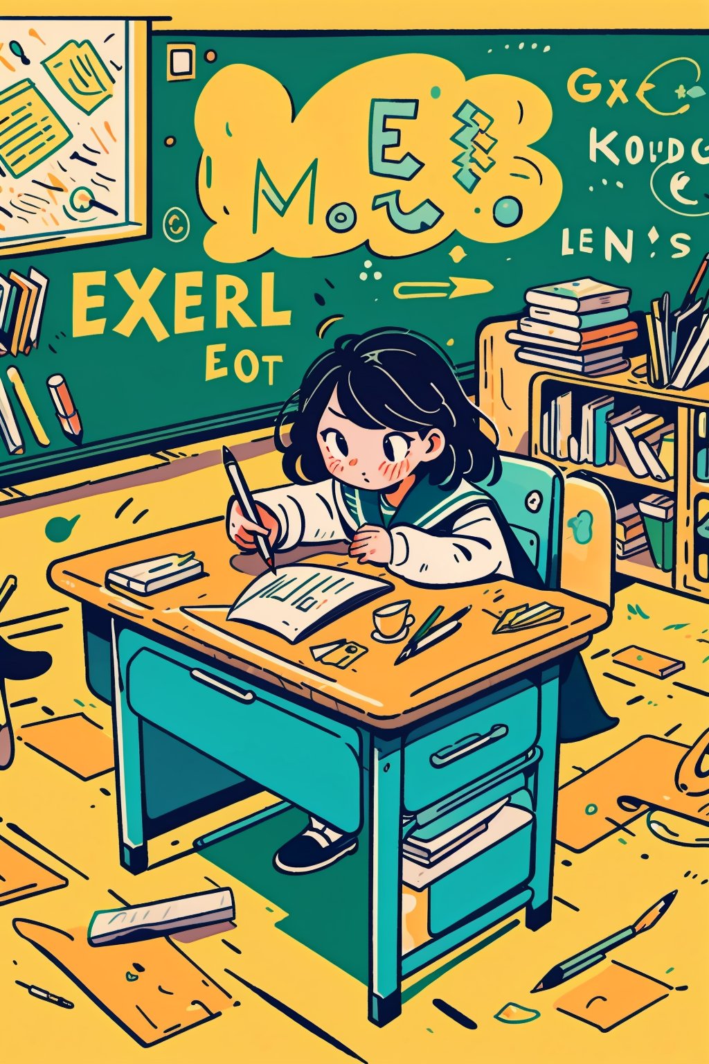 masterpiece, best quality, 1girl, studying, classroom , concentration, books, desk, learning, education, school, pencil, notebook, cartoon,graffiti,tshee00d,vector style