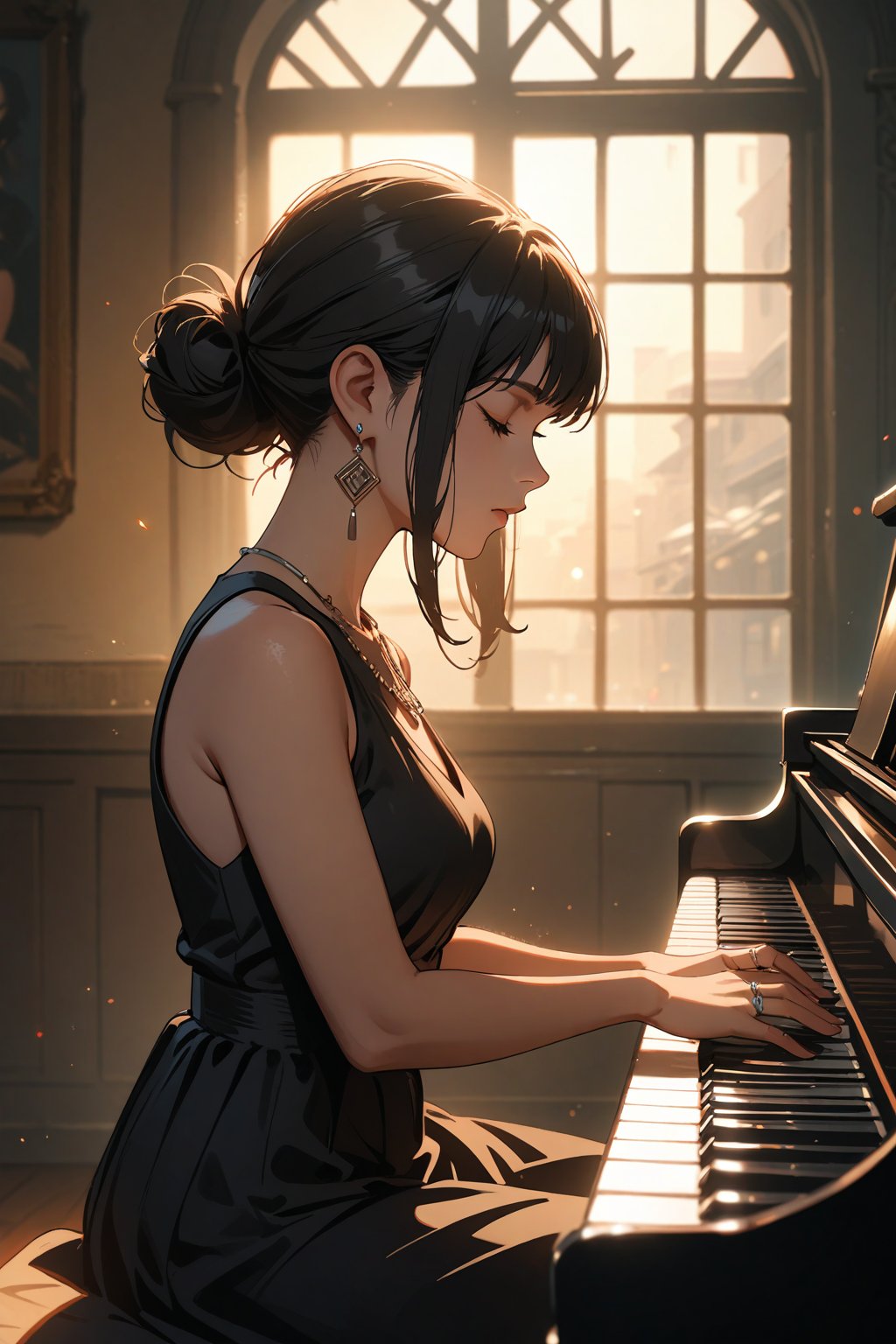 Tru3color46,th3t4styl3, 1girl, instrument, solo, jewelry, music, piano, dress, earrings, black hair, playing instrument, closed eyes, sitting, black dress, hair bun, sleeveless, from side, single hair bun, breasts, bare shoulders, sidelocks, sleeveless dress, backlighting, profile, closed mouth, indoors, window, necklace, ring, medium breasts, masterpiece, best quality, very aesthetic, absurdres, realistic