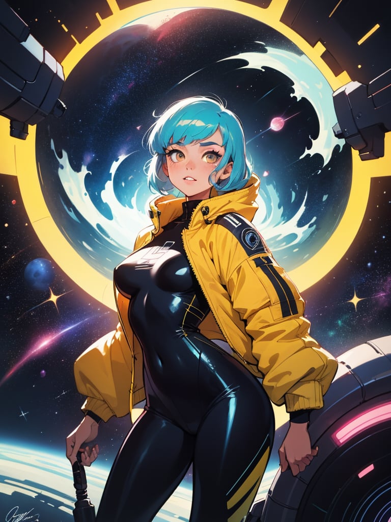 A futuristic femme fatale emerges from a swirling vortex of space-age hues. A girl donning a sleek, Thunder Yellow jacket and tight suit, inspired by the iconic Space Helm of the 1960s, strikes a pose amidst a holographic backdrop. Her skin glistens with Darf Punk's signature glossy finish, as if infused with an ultrarealistic sweetness. The style is reminiscent of WLOP's vibrant aesthetic, transporting viewers to a realm where space and futurism converge.
