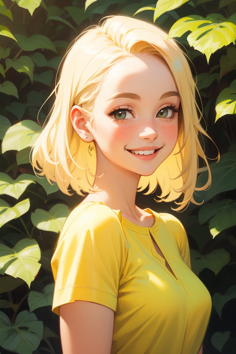 1girl, Beautiful young woman, blonde, smiling, sunny day, botanical garden, realistic