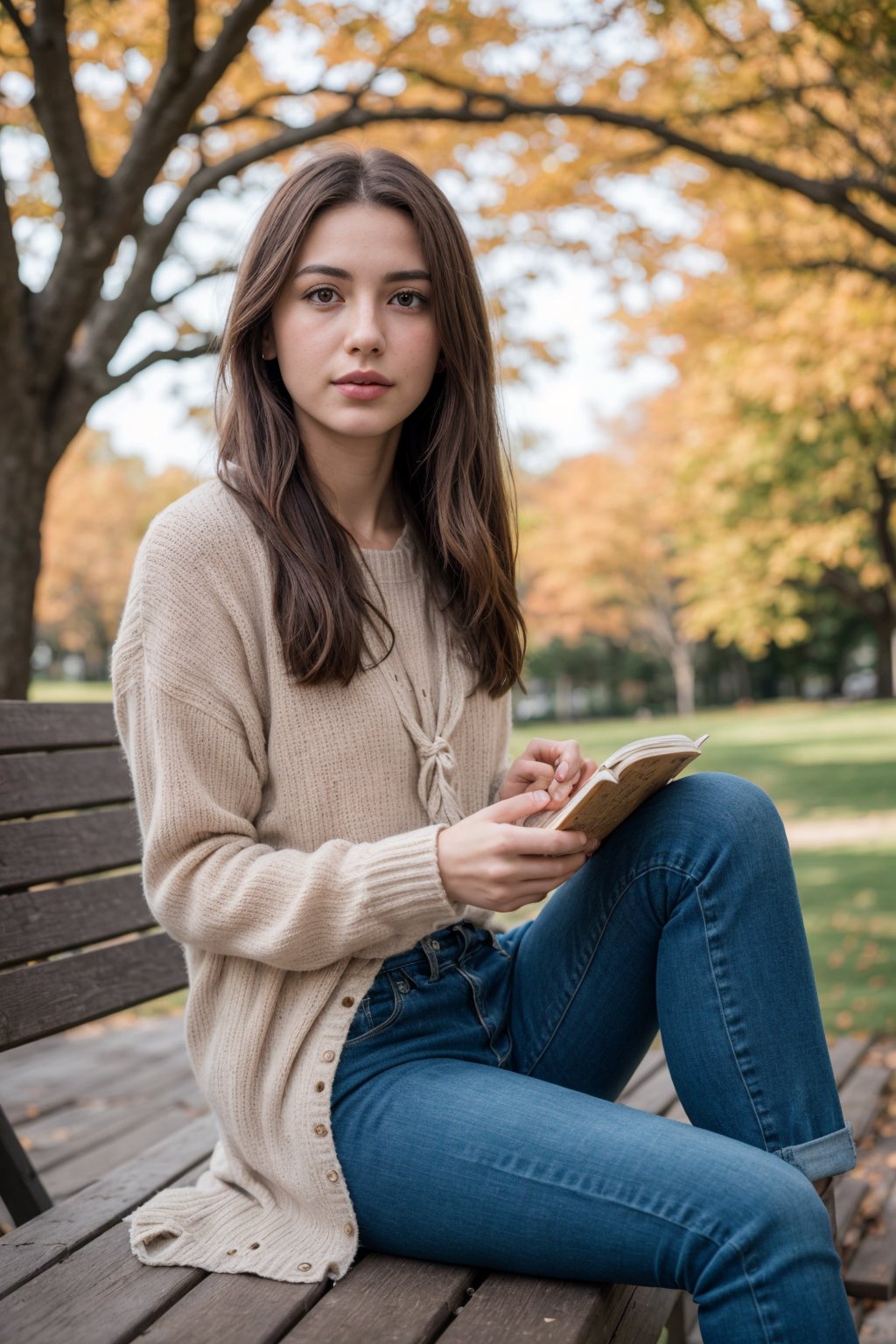  The image shows a 24 y.o woman sitting on a park bench, engaged in reading. The individual is dressed in casual attire suitable for autumn weather: a pink sweater, blue jeans, and beige boots. Their long hair is tied back with a checkered hair tie, suggesting a relaxed yet stylish aesthetic. The presence of the book indicates a leisurely activity, perhaps enjoying the outdoors while immersing oneself in literature. The background reveals a serene park setting with trees displaying the warm hues of fall. The person's posture and the positioning of their belongings suggest a moment of solitude. instagram photo,  beautiful face, cinematic shot, dark shot.