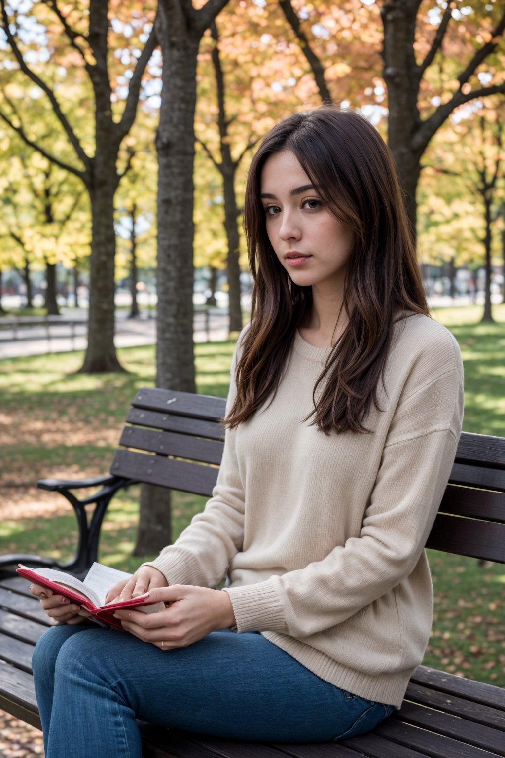 instagram photo,  beautiful face, cinematic shot, dark shot. The image shows a 24 y.o woman sitting on a park bench, engaged in reading. The individual is dressed in casual attire suitable for autumn weather: a pink sweater, blue jeans, and beige boots. Their long hair is tied back with a checkered hair tie, suggesting a relaxed yet stylish aesthetic. The presence of the book indicates a leisurely activity, perhaps enjoying the outdoors while immersing oneself in literature. The background reveals a serene park setting with trees displaying the warm hues of fall. The person's posture and the positioning of their belongings suggest a moment of solitude.