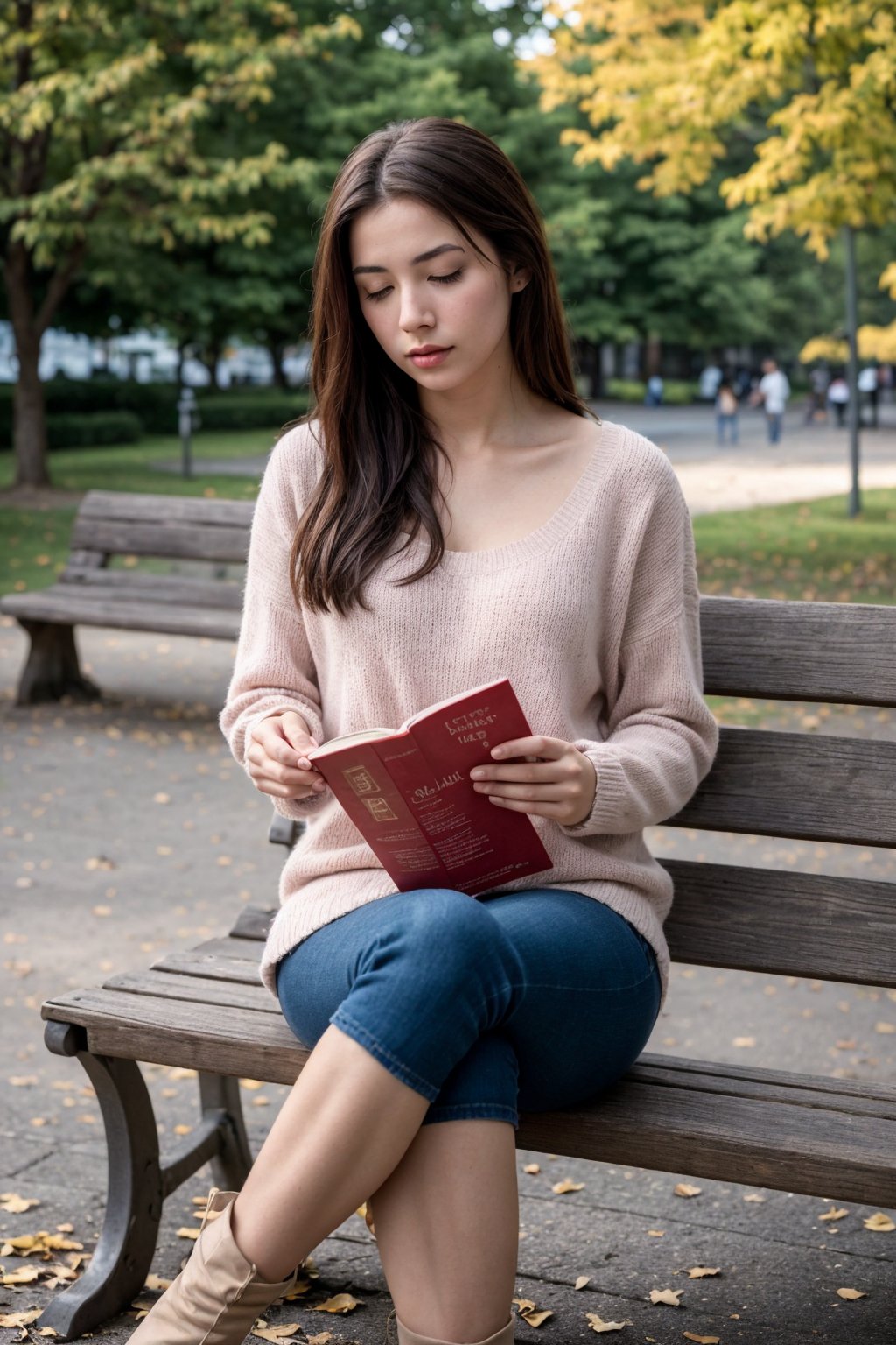 The image shows a person sitting on a park bench, engaged in reading. The individual is dressed in casual attire suitable for autumn weather: a pink sweater, blue jeans, and beige boots. Their long hair is tied back with a checkered hair tie, suggesting a relaxed yet stylish aesthetic. The presence of the book indicates a leisurely activity, perhaps enjoying the outdoors while immersing oneself in literature. The background reveals a serene park setting with trees displaying the warm hues of fall. The person's posture and the positioning of their belongings suggest a moment of solitude and contemplation. Dark shot, cinematic shot.