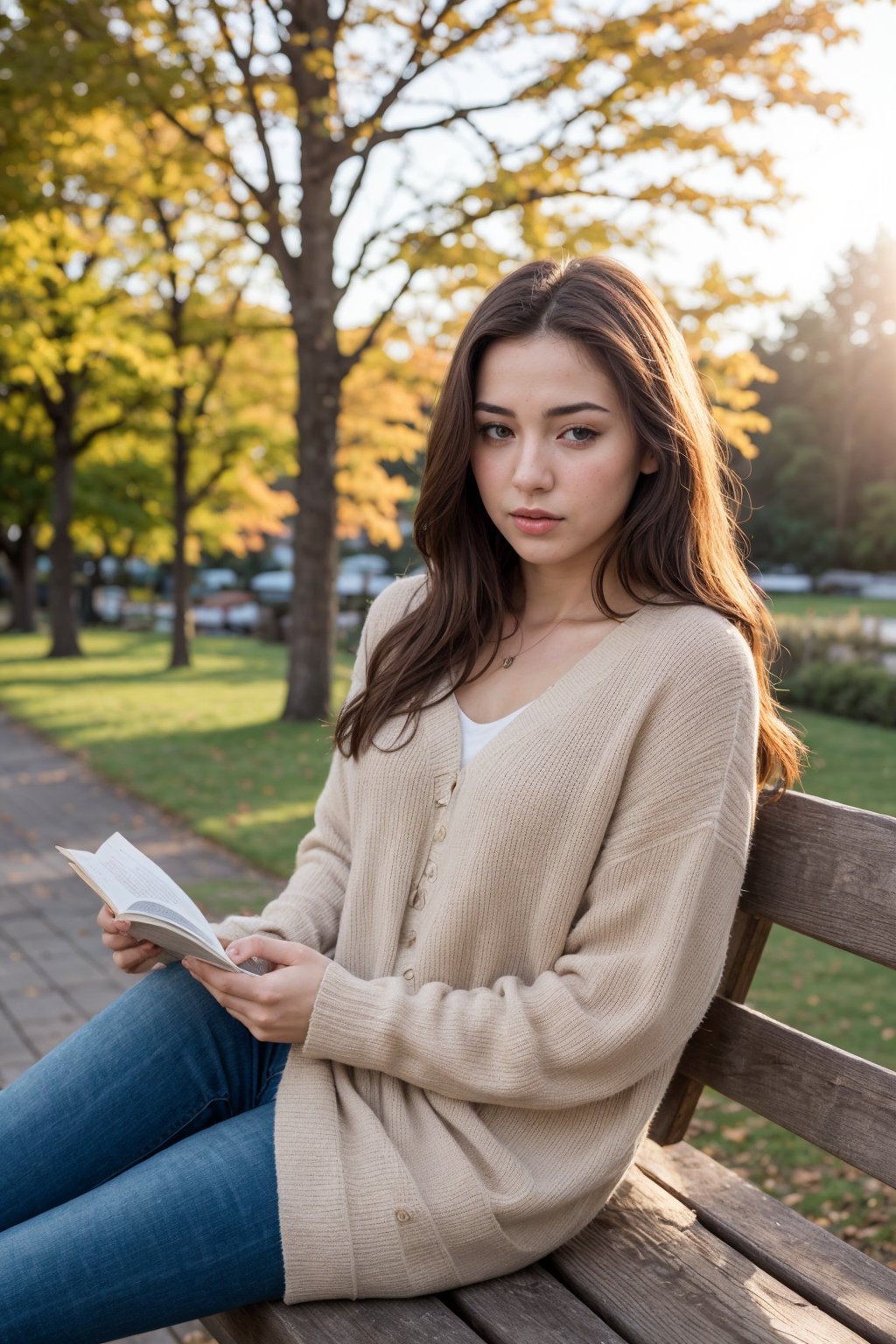  The image shows a 24 y.o woman sitting on a park bench, engaged in reading. The individual is dressed in casual attire suitable for autumn weather: a pink sweater, blue jeans, and beige boots. Their long hair is tied back with a checkered hair tie, suggesting a relaxed yet stylish aesthetic. The presence of the book indicates a leisurely activity, perhaps enjoying the outdoors while immersing oneself in literature. The background reveals a serene park setting with trees displaying the warm hues of fall. The person's posture and the positioning of their belongings suggest a moment of solitude. instagram photo,  beautiful face, cinematic shot, dark shot.