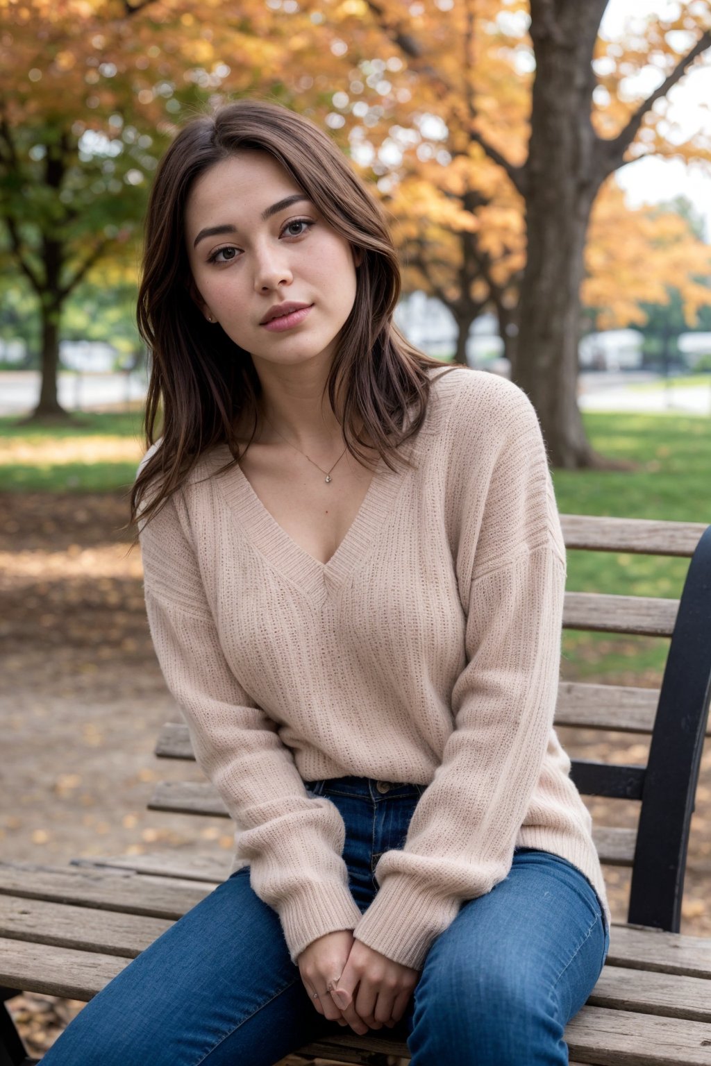 instagram photo,  beautiful face, cinematic shot, dark shot. The image shows a 24 y.o woman sitting on a park bench, engaged in reading. The individual is dressed in casual attire suitable for autumn weather: a pink sweater, blue jeans, and beige boots. Their long hair is tied back with a checkered hair tie, suggesting a relaxed yet stylish aesthetic. The presence of the book indicates a leisurely activity, perhaps enjoying the outdoors while immersing oneself in literature. The background reveals a serene park setting with trees displaying the warm hues of fall. The person's posture and the positioning of their belongings suggest a moment of solitude.