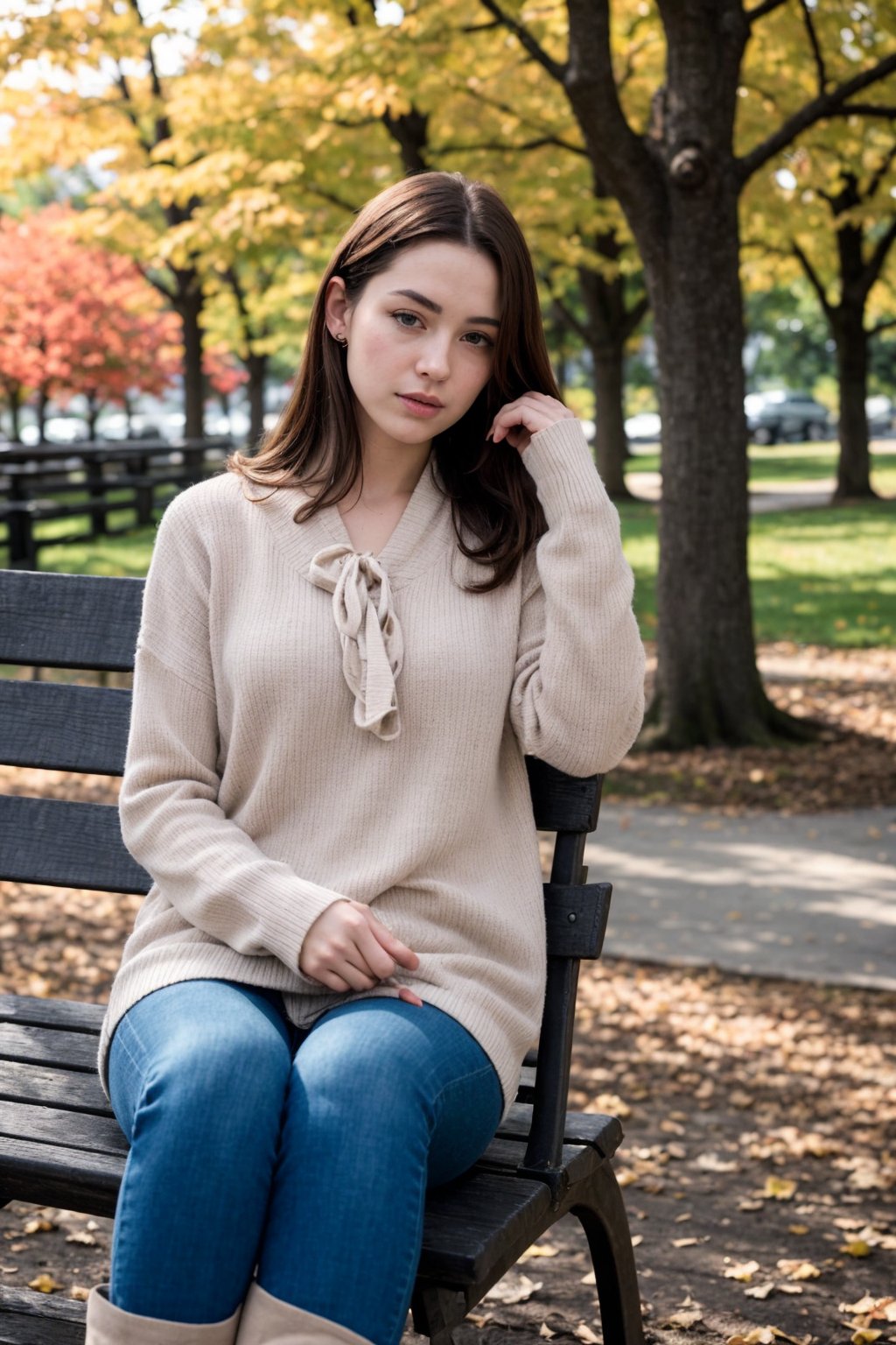 The image shows a person sitting on a park bench, engaged in reading. The individual is dressed in casual attire suitable for autumn weather: a pink sweater, blue jeans, and beige boots. Their long hair is tied back with a checkered hair tie, suggesting a relaxed yet stylish aesthetic. The presence of the book indicates a leisurely activity, perhaps enjoying the outdoors while immersing oneself in literature. The background reveals a serene park setting with trees displaying the warm hues of fall. The person's posture and the positioning of their belongings suggest a moment of solitude and contemplation. Dark shot, cinematic shot.