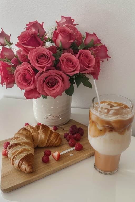 Create a cozy still life composition featuring a bouquet of pink roses in a white vase, a glass of iced coffee with a metal straw, and a flaky croissant on a wooden cutting board alongside sliced fruit and berries. Include a small jar of jam and an elegant white wall as the backdrop. The scene should evoke a sense of leisurely morning indulgence and the simple pleasures of life