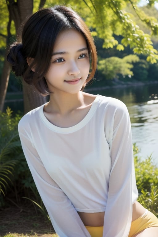 (((masterpiece, realistic, real, detailed, vivid, highly detailed, ultra high resolution, 8k))) young teenager, 14 years old, beautiful, soft, graceful, enchanting, cute, innocent, charming, loli, lolita, Malay teenage girl, neat short hair, (hair tied), wearing a long-sleeved t-shirt, yellow hipster underwear, sitting downstairs shady trees, riverbank, daytime, smiling shyly,