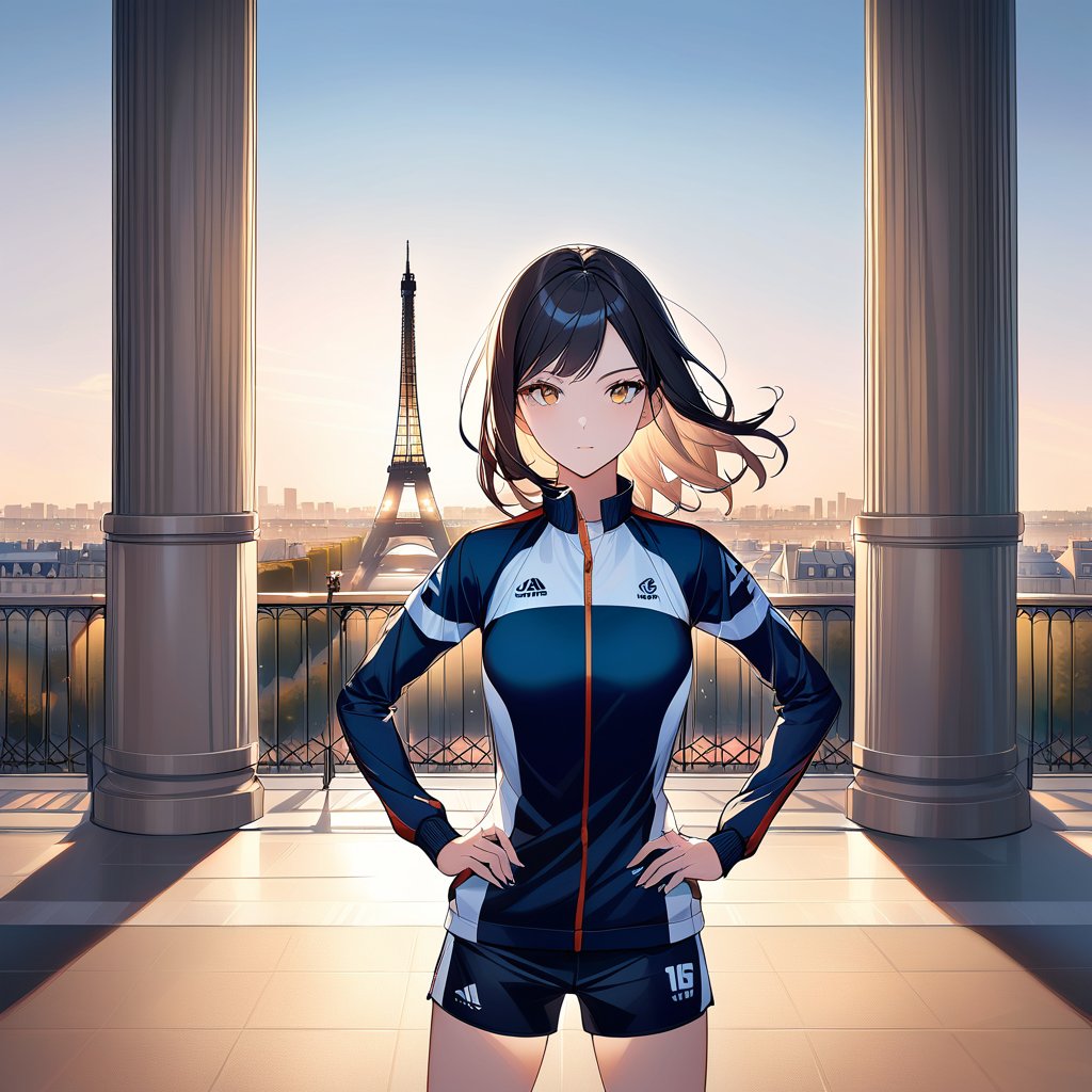 A stunning woman wearing a sleek UAS volleyball team uniform stands confidently, her gaze locking onto the viewer. Soft lighting accentuates her features as she poses in a Parisian setting, perhaps at the iconic Eiffel Tower or Champ de Mars, with the City of Light's skyline serving as a majestic backdrop.running,face front view