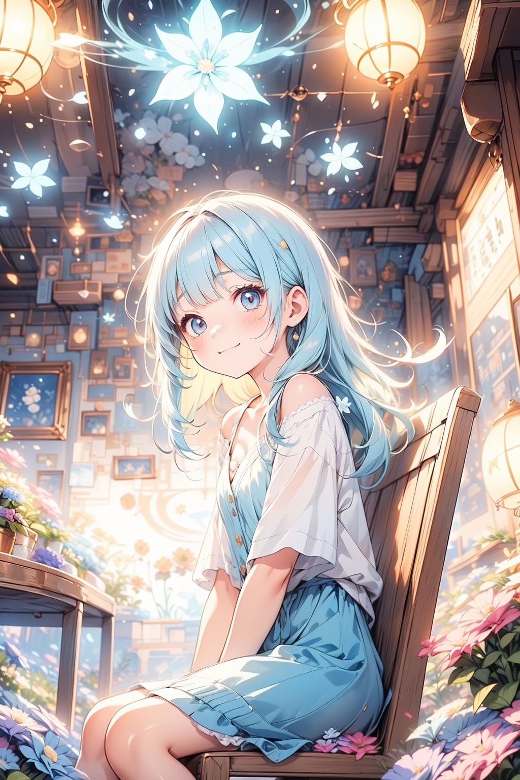 masterpiece, best quality, extremely detailed, (illustration, official art:1.1), 1 girl ,(((( light yellow long hair)))), light yellow hair, , 8 years old, long hair ((blush)) , cute face, big eyes, masterpiece, best quality,(((((a very delicate and beautiful girl))))),Amazing,beautiful detailed eyes,blunt bangs((((little delicate girl)))),tareme(true beautiful:1.2), sense of depth,dynamic angle,,,, affectionate smile, (true beautiful:1.2),,(tiny 1girl model:1.2),)(flat chest)),(Master photography:1.4),(Beautiful and delicate girl:1.2),green light, tranquil, no lineart, Anime Cafe, abandoned room, big windows, leaves are falling, 1gitl sitting on wooden chair, light yellow hair and purple dress, closed eyes,(sitting with one knee up:1.1), cardigan, luminous glow, mystic atmosphere, depth of field, dynamic angle, light particle effect, light leaks, aerial effect, blue flowers,look into viewers, look into viewers,(sitting with one knee up:1.1), cardigan, luminous glow, mystic atmosphere, depth of field, dynamic angle, light particle effect, light leaks, aerial effect, blue flowers,look into viewers, look into viewers ,ASU1,light