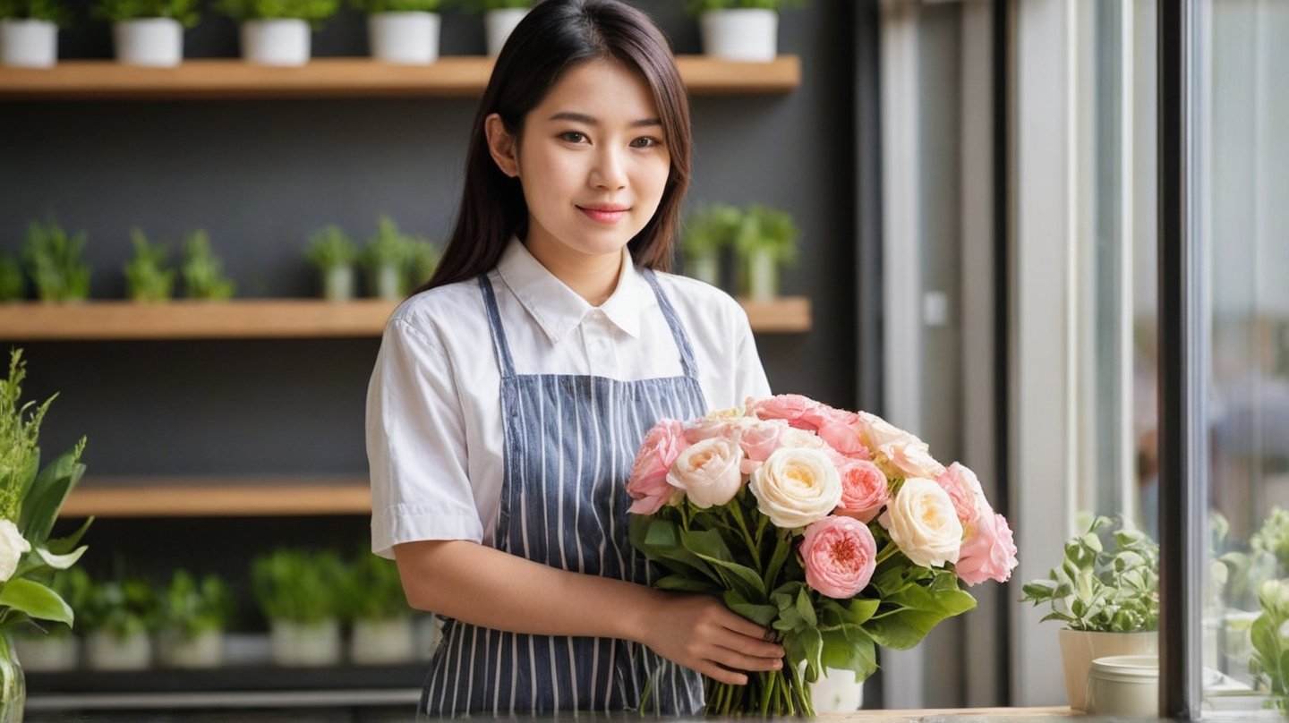 Beautiful Young Japanese Florist: A gentle young 18yo Japanese girl, wearing a casual apron and shirt, arranging beautiful bouquets in a flower shop.