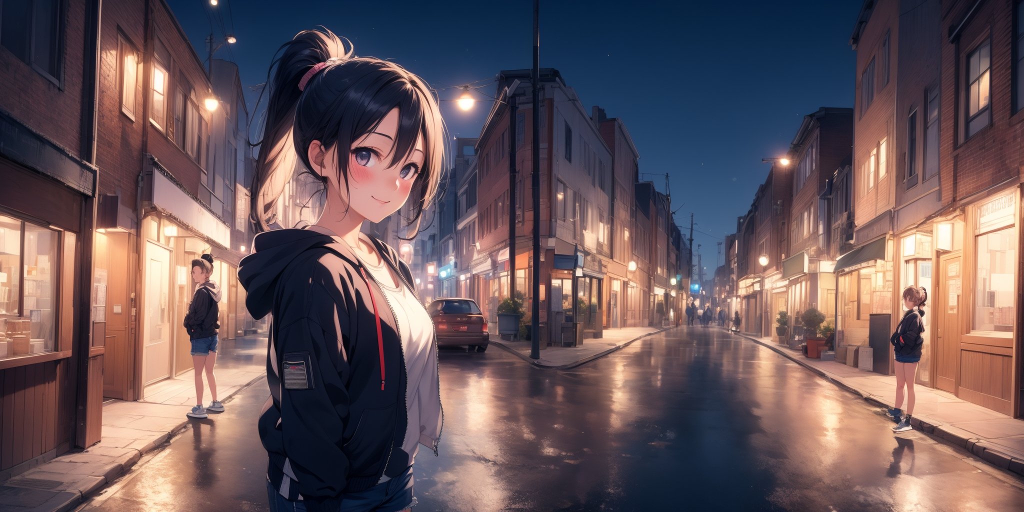 (RAW photo, best quality), (realistic),photo, masterpiece, 1girl,  ponytail, looking at viewer, hoodies, jacket, shorts, at night outdoor, harbor, street, full body, (light smile:0.7),blush, long shot,photorealistic,