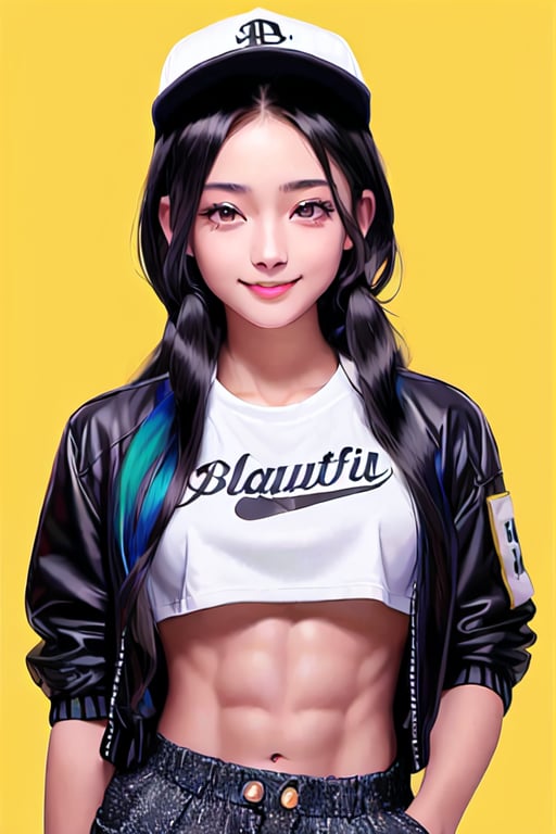 4k,best quality,masterpiece,20yo 1girl,(cropped jacket),(demin pant), alluring smile,baseball cap,

(Beautiful and detailed eyes),
Detailed face, detailed eyes, double eyelids ,thin face, real hands, muscular fit body, semi visible abs, ((short hair with long locks:1.2)), black hair, black background,


real person, color splash style photo,
