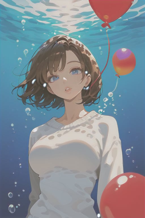 1girl, solo, looking at viewer, short hair, blue eyes, brown hair, black hair, collarbones, parted lips, water, lips, white sweater, sunlight, bubbles, underwater, ((small bubbles)), red balloons,niji5