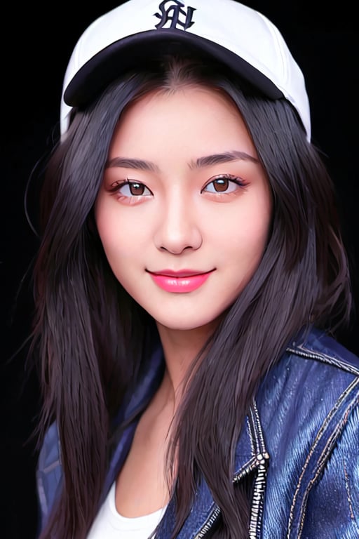 4k,best quality,masterpiece,20yo 1girl,(cropped jacket),(demin pant), alluring smile,baseball cap,

(Beautiful and detailed eyes),
Detailed face, detailed eyes, double eyelids ,thin face, real hands, muscular fit body, semi visible abs, ((short hair with long locks:1.2)), black hair, black background,


real person, color splash style photo,
