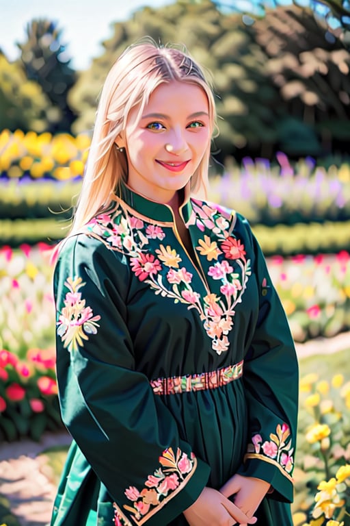 1girl, beautiful young woman, blonde, smiling, (in beautiful Ukrainian national dress embroidery ornament black, red, green), sunny day, botanical garden, realistic