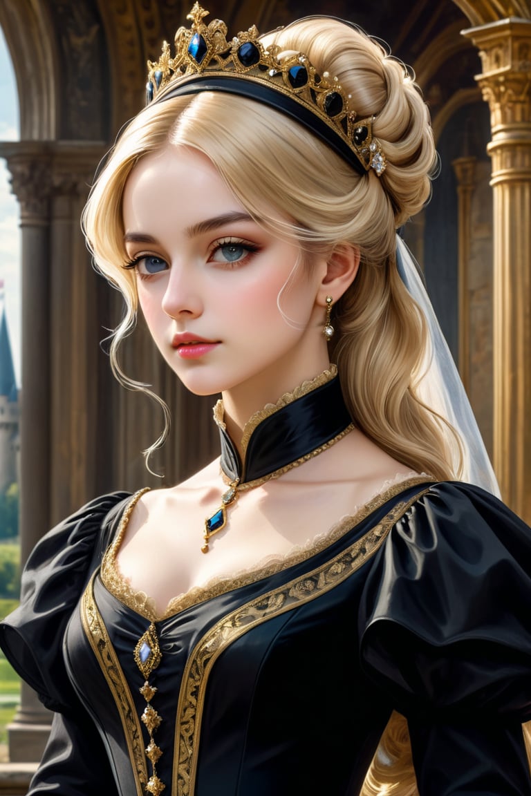 Elegantism, opulent scene, full portrait of a Victorian lady, heroic, black clothes, gold trim, castle, head and shoulders portrait, 8k resolution. (masterpiece, top quality, best quality, official art, beautiful and aesthetic:1.2), (1girl:1.4), upper body, blonde hair, portrait, extreme detailed, ,Leonardo Style,DonMF41ryW1ng5XL