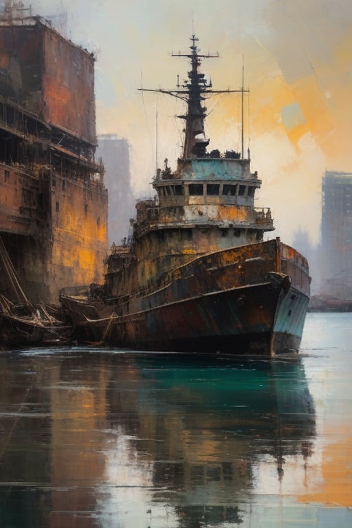 "An imaginative and impressionist depiction of a ripped, tattered, and battle-worn appearance of a large ship, with vibrant, focused brushstrokes capturing every detail. A focused impressionist image where every brushstroke is sharp and clear. Color palette blends muted, earthy tones with vibrant accents, enhancing the depth and atmosphere of the scene. Every detail in the image in sharp focus. Distinct forms and shapes in the background should suggest a tugboat."