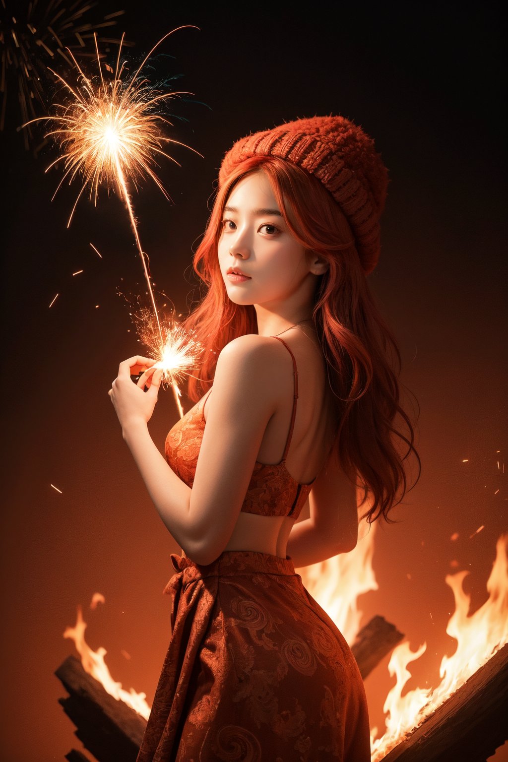 A breathtaking masterpiece depicts a lone girl, standing majestically amidst an intricate orange-red fractal background. Her flowing pink hair and bright red hat are illuminated by fiery sparks as she casts a fire spell. The camera captures her from the side, showcasing her striking blue-green eyes and delicate features as she leaps into the air, surrounded by swirling flames.