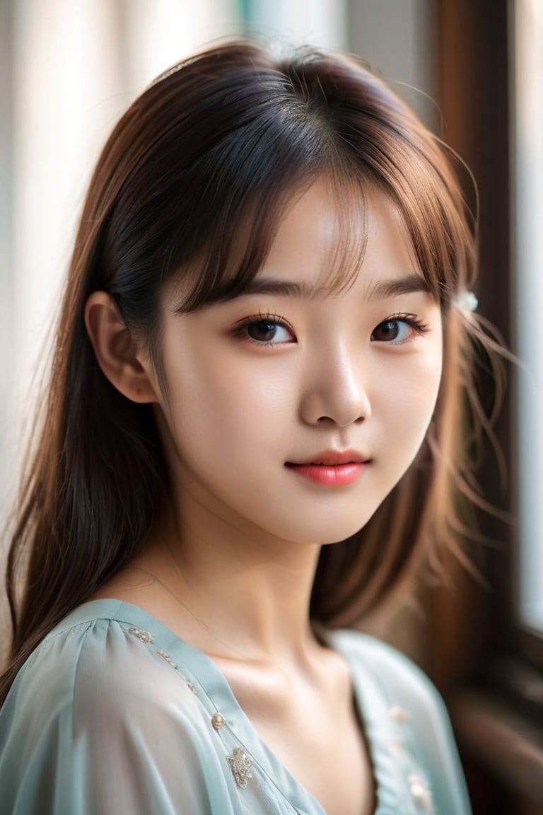 A stunning image of a young Korean girl, featuring a peerless childlike face with a sweet, innocent expression. The subject's facial features are delicate and refined, with a subtle glow from natural light that accentuates the texture of her skin. Her bright, exquisite eyes sparkle with charm, proportionate to her well-defined eyebrows and eyelashes. Framed against a blurred background, the girl sits or stands in a relaxed pose, exuding a sense of purity and youthful beauty. The overall atmosphere is serene and soft, reminiscent of a film photo.