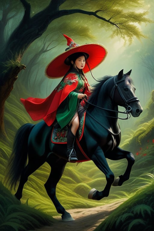 Cute kitten riding a big black vaulting horse, closed: straw hat, red and green embroidered Chinese cloak, cinematic pose, fairy atmosphere, highly detailed, dramatic lighting. Forest background, digital painting, masterpiece, maximalism, near perfection, design by Greg Rutkowski + Esao Andrews, oil painting
