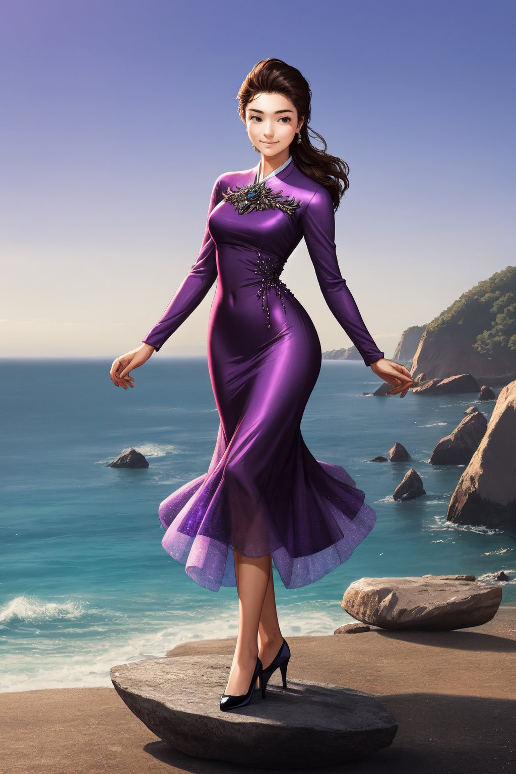 A Korean beauty wearing an elegant purple crystal dress stood on a rock by the sea and smiled.