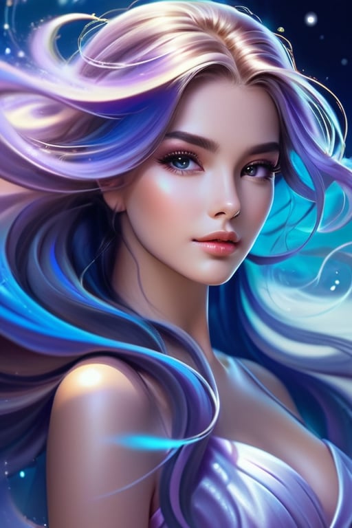 Airbrushing (Beautiful mystical allure) long swirling hair, smart, environment, Using airbrushing for art, often for smooth gradients, spray effects, or automotive art,1 girl,anime