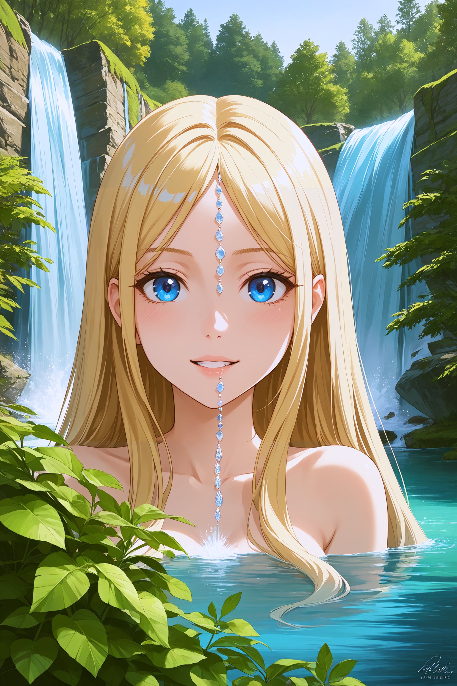 very beautiful girl, upper body, blonde hair, looking at viewer. Double exposure with an image of a waterfall, masterpiece, ((double exposure)), proportional.,DOUBLE EXPOSURE