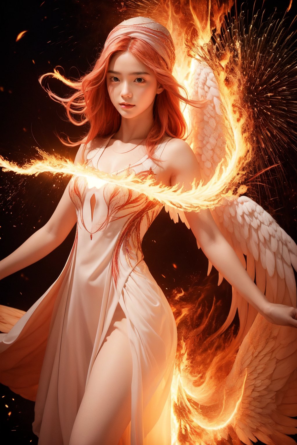 A breathtaking masterpiece depicts a lone girl, standing majestically amidst an intricate orange-red fractal background. Her flowing pink hair and bright red hat are illuminated by fiery sparks as she casts a fire spell. The camera captures her from the side, showcasing her striking blue-green eyes and delicate features as she leaps into the air, surrounded by swirling flames.,Angel wings