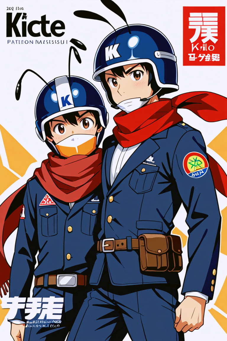 1boy, male focus, multiple boys, belt, 2boys, scarf, copyright name, helmet, red scarf, antennae, logo, tokusatsu