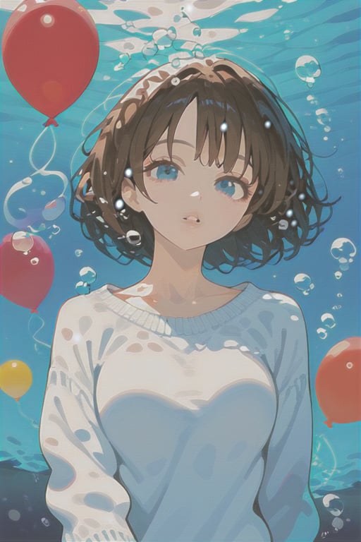 1girl, solo, looking at viewer, short hair, blue eyes, brown hair, black hair, collarbones, parted lips, water, lips, white sweater, sunlight, bubbles, underwater, ((small bubbles)), red balloons,niji5