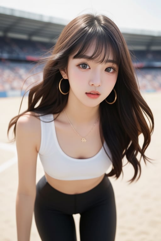 background is stadium,
18 yo, 1 girl, beautiful korean girl, running, wearing leggings(short), 
solo, {beautiful and detailed eyes}, dark eyes, calm expression, delicate facial features, ((model pose)), Glamor body type, (dark hair:1.2),very_long_hair, hair past hip,curly hair,bangs,
simple tiny necklace,simple tiny earrings, flim grain, realhands, masterpiece, Best Quality, 16k, photorealistic, ultra-detailed, finely detailed, high resolution, perfect dynamic composition, beautiful detailed eyes, eye smile, ((nervous and embarrassed)), sharp-focus, full_body, cowboy_shot,midjourney