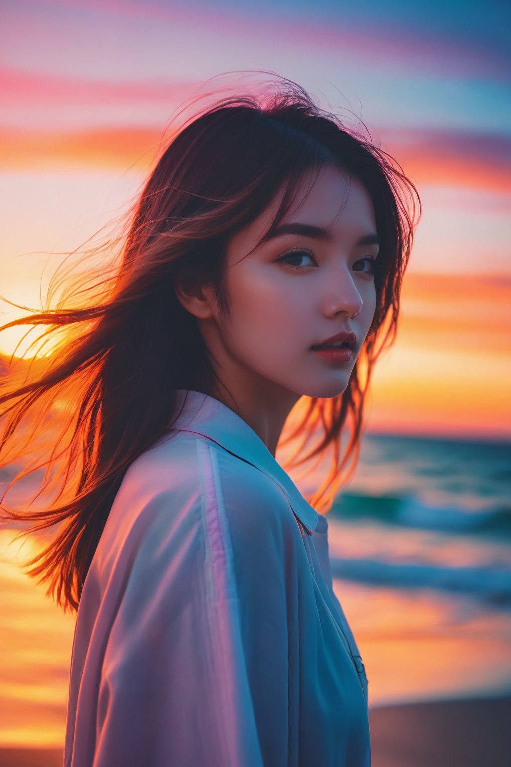 xxmix_girl 1 girl, beach sunset detailed, (lofi, analog, motion blur ) by Brandon Woelfel,xxmix_girl,LinkGirl,xxmixgirl,3d style