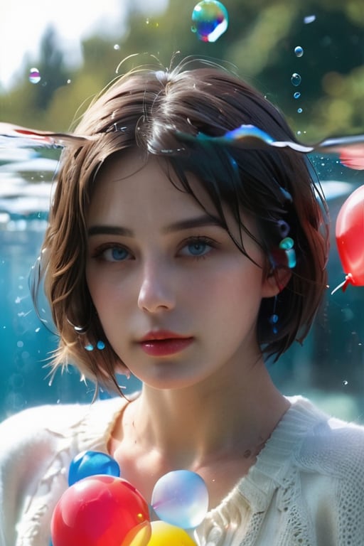 1girl, solo, looking at viewer, short hair, blue eyes, brown hair, black hair, collarbones, parted lips, water, lips, white sweater, sunlight, bubbles, underwater, ((small bubbles)), red balloons,niji5