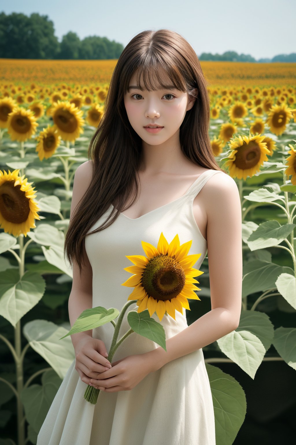  A beautiful woman. Sunflower field. Best Quality, Crazy Details and Sharp Focus, Masterpiece, Professional, Award Winning, Fine Detail, High Detail, UHD, 64k, Soft Look,1 girl 