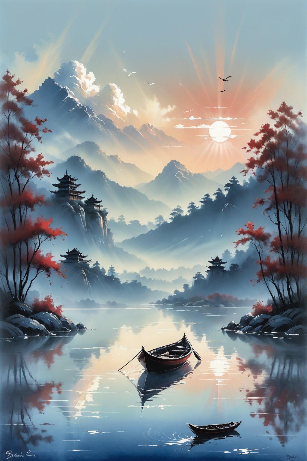 A serene lake scene at sunset, bathed in muted hues of indigo and crimson, with a solitary boat gliding effortlessly across the calm water. The surrounding trees, their branches stretching towards the sky, create a sense of depth and dimensionality. The river valley in the distance, shrouded in negative space, beckons the viewer's gaze. In the style of traditional Chinese ink drawing, the composition is simple yet evocative, with gentle ripples on the lake's surface reflecting the beauty of nature.